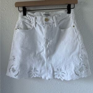 Frame White Denim Skirt with Scalloped, Embroidered Hem